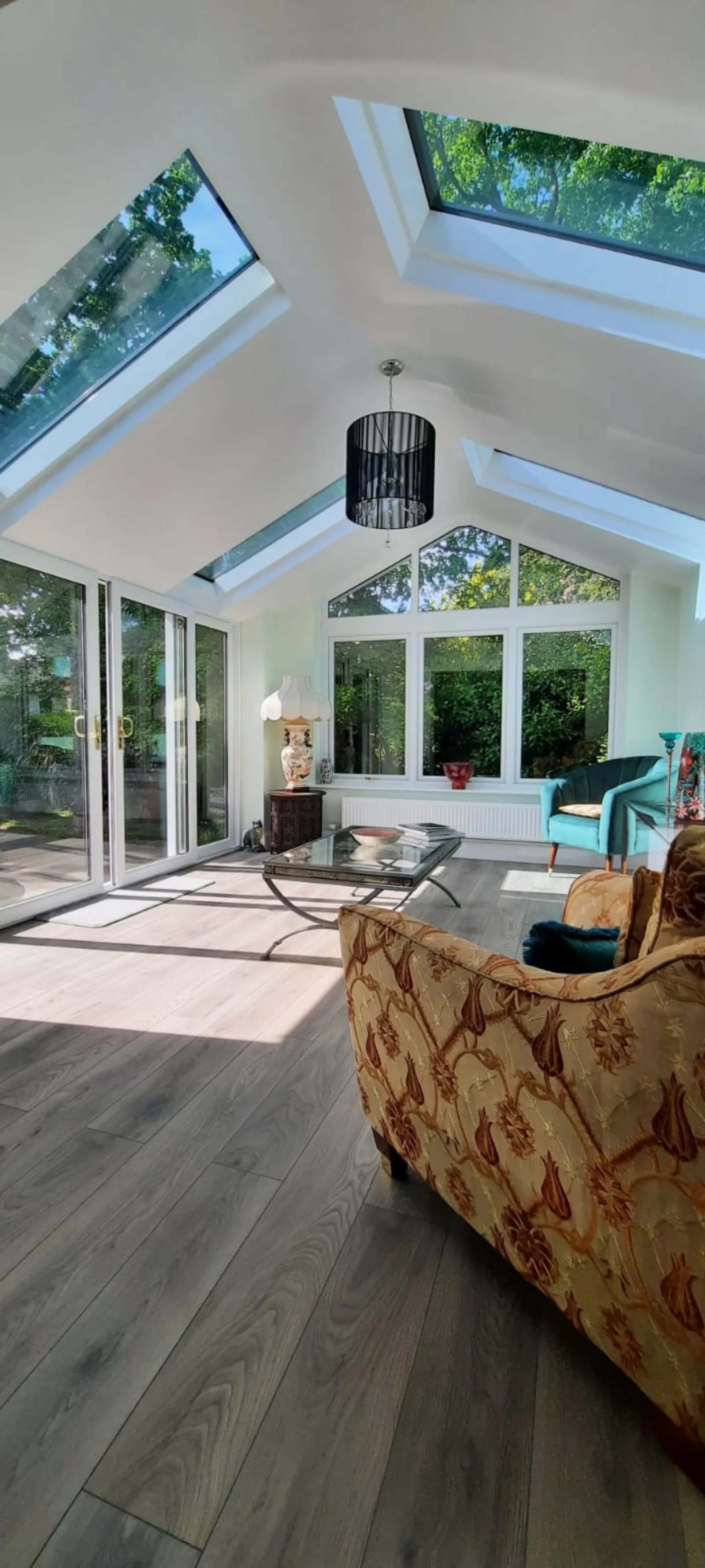 Sky Vista rooflight installed in a Supalite tiled conservatory roof, viewed from inside