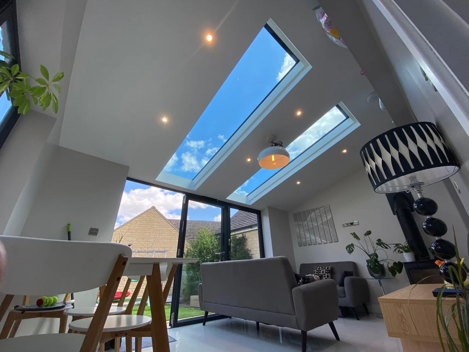 Sky Vista with Glow heated-glass rooflight in a Supalite conservatory roof, viewed from inside